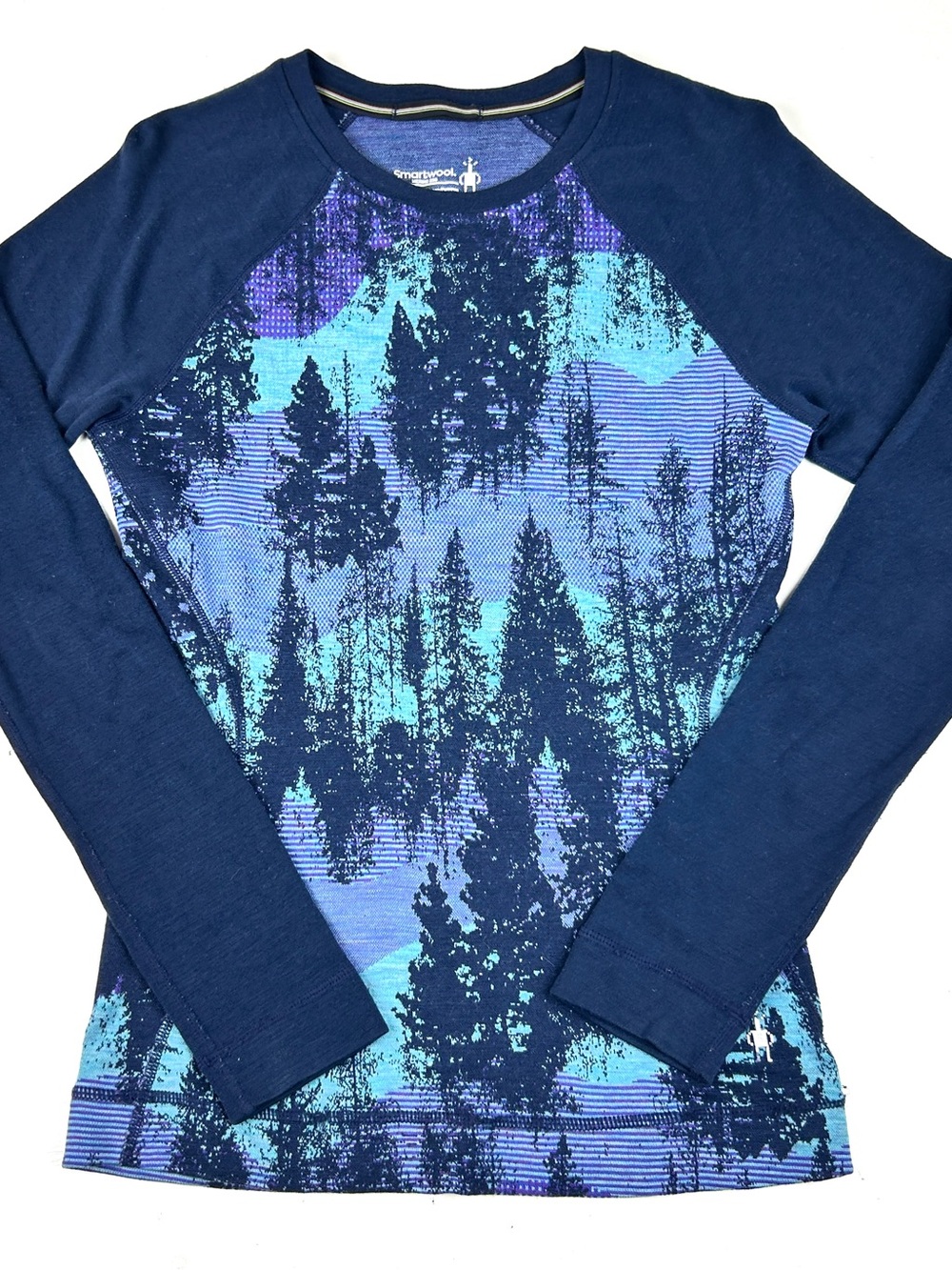 Smartwool Women's Merino 250 Base Layer Shirt Size S Blue Trees Wool Long Sleeve